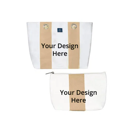 White Beige Stripes Customized Women's Tote Bag with Zipper Pouch, Cotton Canvas Shoulder Bag With Rope Handles & Magnetic Button Closure (Set of 2)