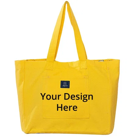 Yellow Customized Women Cotton Canvas Tote Bag, Solid Color Shoulder Bag With Magnetic Button Closure, For Shopping, Travel, Work, Beach, Office, College