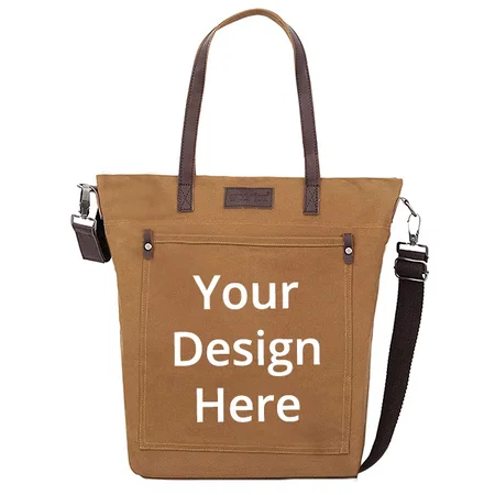 Brown Customized Canvas Shoulder/Tote Bag With Top Zip, Brown Leather Handle