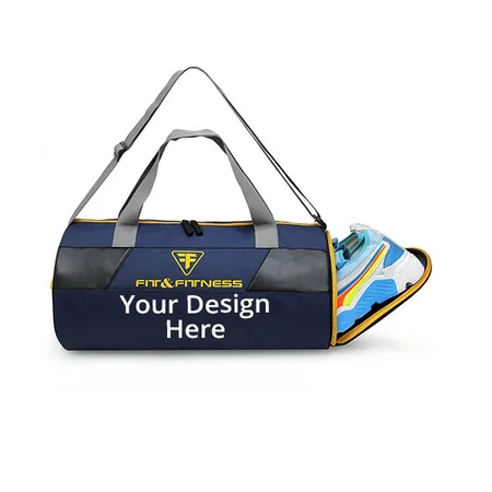 Navy Blue &amp; Yellow Customized Polyester Duffle Gym Bag with Separate Shoes Compartment