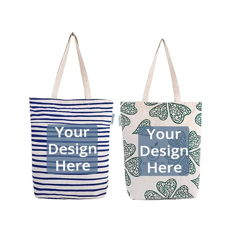 Off White Customized Cotton Reusable Tote Carry Zipper Bag (Pack of 2)