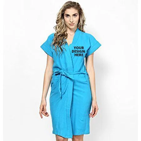 Turquoise Blue Customized Women 100% Cotton Towel Terry Solid Bath Gown For Swimming, Beach, Party, Spa Bathrobe