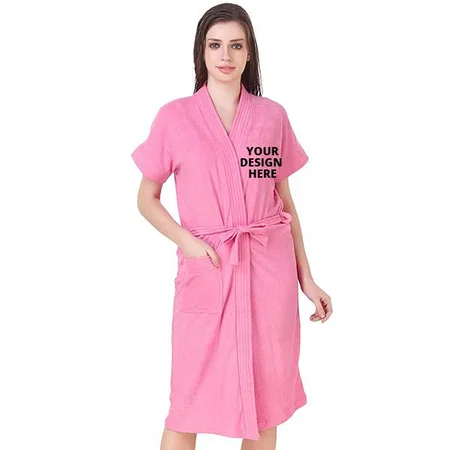 Light Pink Customized Soft Terry Towel Cotton Plain Bathrobe For Women