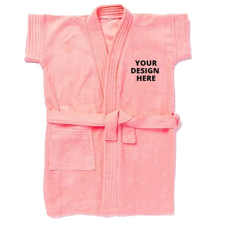Pink Customized Kids Baby Girl Terry Cotton Bathrobe / Gown - Half Sleeves, Knee Length, Pocket With Waist Belt