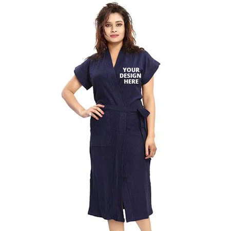 Blue Customized Cotton Half Sleeves Bathrobe For Women - Free Size Fit Upto 42 Inches