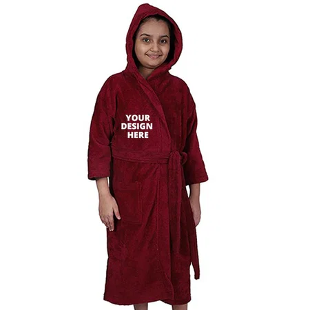 Maroon Customized Hooded Bathrobe For 10 To 14 Year Old Boys & Girls, Full Sleeve, 100% Combed Cotton Material