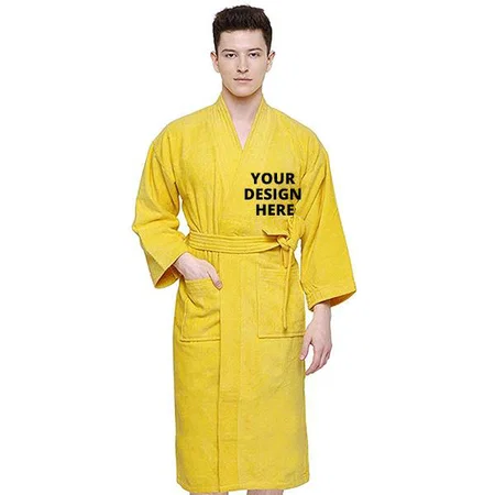 Yellow Customized Terry Cotton Unisex Bathrobe For Men And Women
