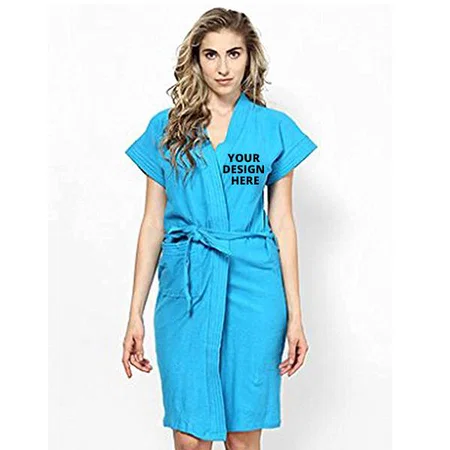 Turquoise Blue Customized 100% Cotton Towel Terry Solid Bath Gown For Swimming, Beach, Party, Spa Bathrobe