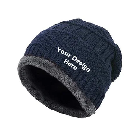 Blue Customized Beanie Cap with Fur inside
