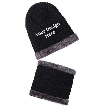 Black Customized Unisex Beanie Cap and Neck Muffler Winter Combo Set (Free Size )