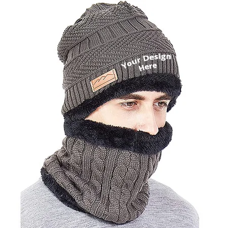 Grey Customized Ultra Warm Woolen Skull Cap with Neck Muffler Set