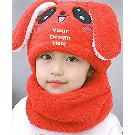 Red Customized Winter Warm Scarf ,Earflap Beanie Cap (5-6 Year Kids)