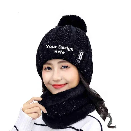 Black Customized Cap With Neck Scarf (Inside Fur)