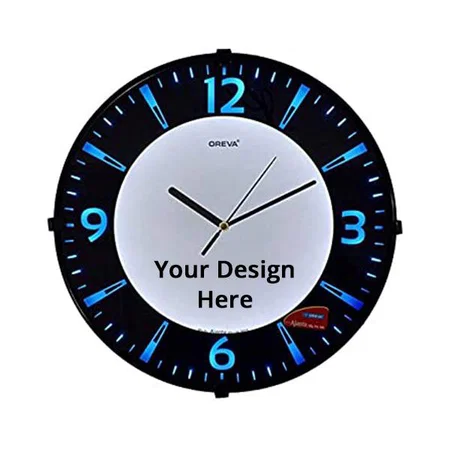Black Customized Round Plastic Analog Wall Clock with Blue LED (Size - 32 cm x 32 cm x 4 cm)