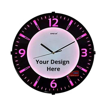 Black Customized Round Plastic Analog Wall Clock with Pink LED (Size - 32 cm x 32 cm x 4 cm)