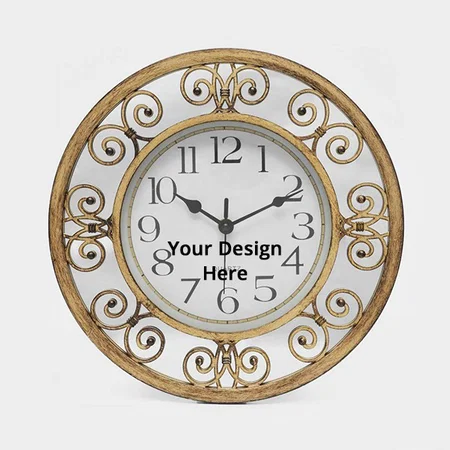 White with Golden Panel Customized Plastic Vintage Abstract Round Wall Clock (Size - 30 cm x 30 cm x 4 cm )