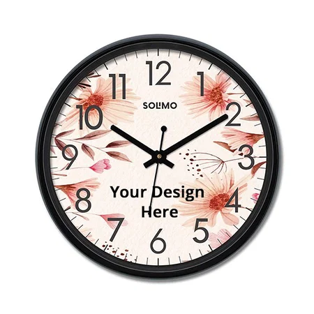 Black Customized with Flower Design 12" Non Ticking Silent Quartz Wall Clock