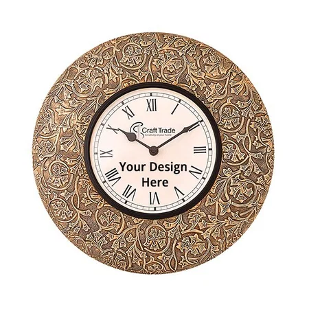 Brown Customized  Wall Clock for Home - Stylish Latest Brass Plated Round Shape Wall Clocks (Size - 12")