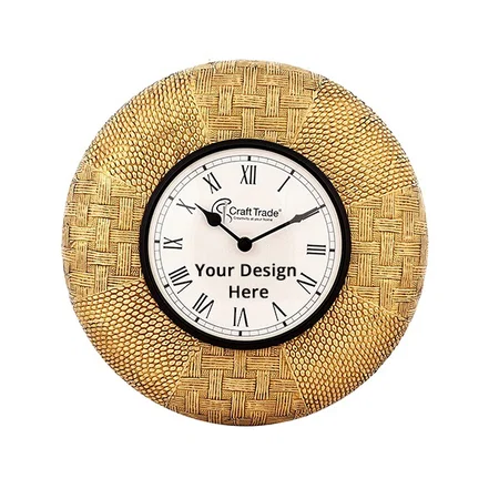 Brown Customized Wall Clock for Home Decor - Decorative Antique Finish Brass Border Wooden Wall Clock (Size - 12")