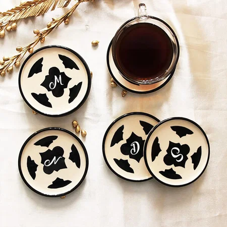White Black Customized Hand Painted Ceramic Coasters for Coffee Table
