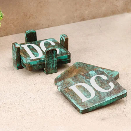 Teal Blue Customized Coaster Wooden Design Set of 4