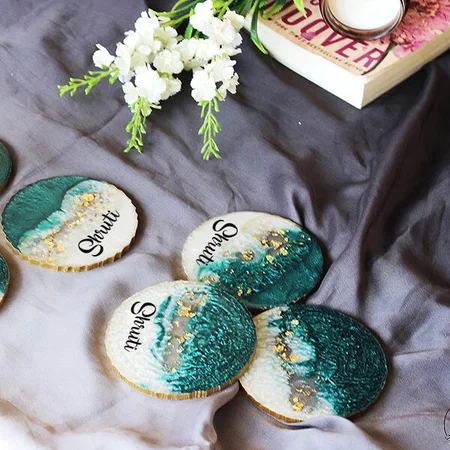Green White Customized Modern Coaster 4 Inches Set of 6 for Coffee Table & Dining Table with Metal Holder