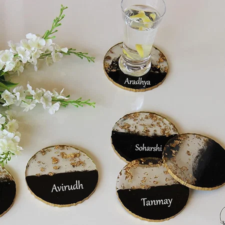 Black Customized Midnight Coaster 4 Inches Set of 6 forCoffee Table & Dining Table with Metal Holder