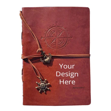 Brown Customized PU Leather Travel Notebook Journal Blank Notebook With Shipwheel &amp; Anchor Metal Charms Diary