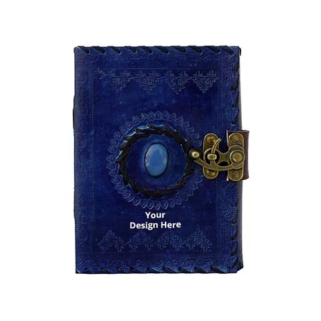 Blue Customized Genuine Real Vintage Leather Handmade Paper Notebook Diary with Metal Lock
