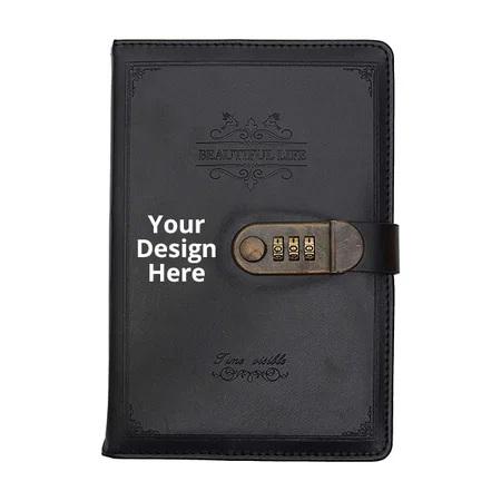 Black Customized Diary Notebook with Number Combination Lock &amp; PU Leather Cover (22x15 cm, 230 Pages)