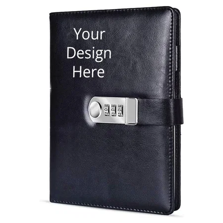 Black Customized Undated Leather Notebook Diary with Lock A5 Size Combination Lock Password - 200 Pages