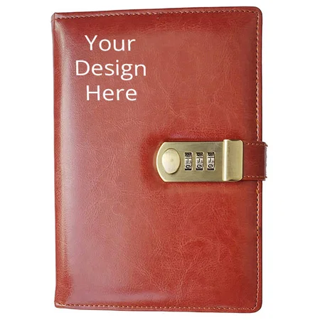 Brown Customized PU Leather Notebook Diary with Lock, A5 Size with Combination Lock Password