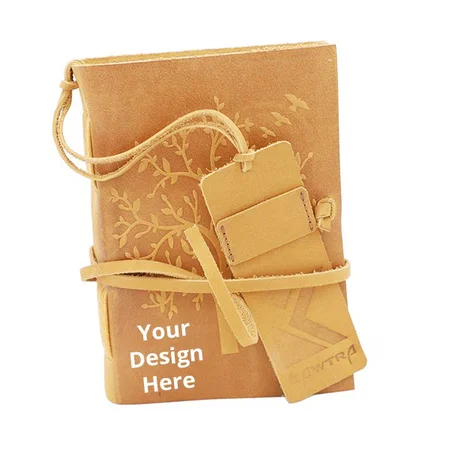 Light Yellow Customized Vintage Soft Leather Journal Diary, With Beautiful Tree Embossment (7" x 5" x 1", Paper 100% Cotton,100 textured craft paper sheets)