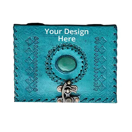 Sky Blue Customized Leather Journal Notebook with Lock- 7 * 5" Inches
