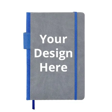 Blue Grey Customized PU Leather Hard Bound A5 2022 Executive Diary with Elastic Closure and Pen Holder (192 Ruled pages, 80 GSM)