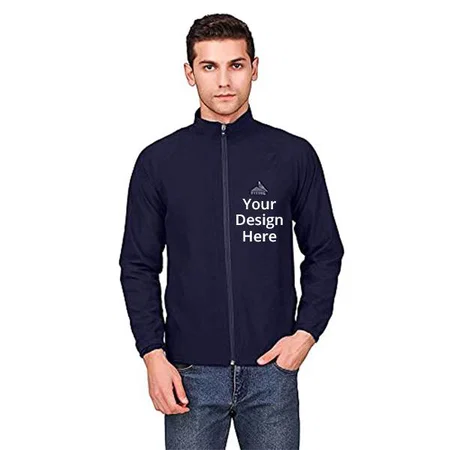 Navy Blue Customized Jacket For Men With Two Closure Zipper Pockets And Mesh Fabric Inside - Sports And Casual Wear