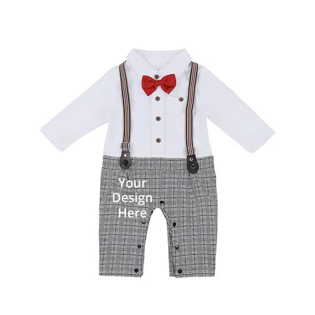 Grey Customized Cotton And Polyester Suspender Style Bow Applique Romper For Ages 6-9 Months
