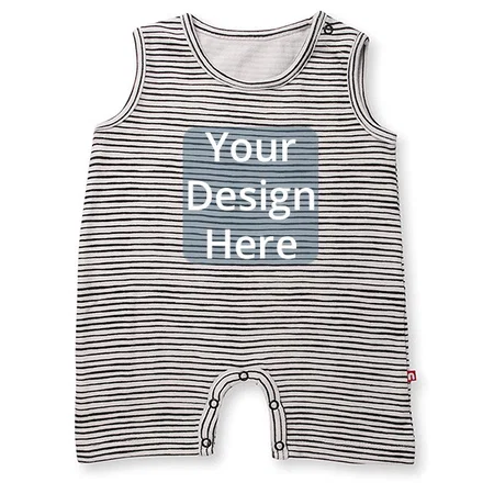 White Customized 100% Organic Cotton Sleeveless Striped Print Round Neck Half Romper For Baby Boy (0-3 Months)