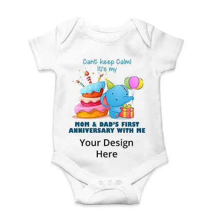 White Customized Mom Dad Anniversary Celebration Baby Romper For New Born To 12 Months Old Babies Organic Cotton Romper