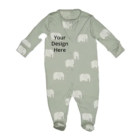 Grey Customized Newborn Baby Front Open Long Sleeve 100% Cotton Unisex Sleep Suit/Romper/Jumpsuit (0-3 Months, Elephant)