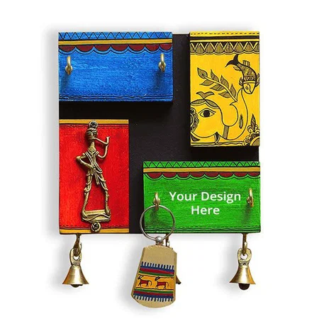 Multi-Color Customized Warli Handpainted Recycled Wood Home Decorative Keychain Holder Key Hangers Key Stand &amp; Wooden Hanging Key Holder