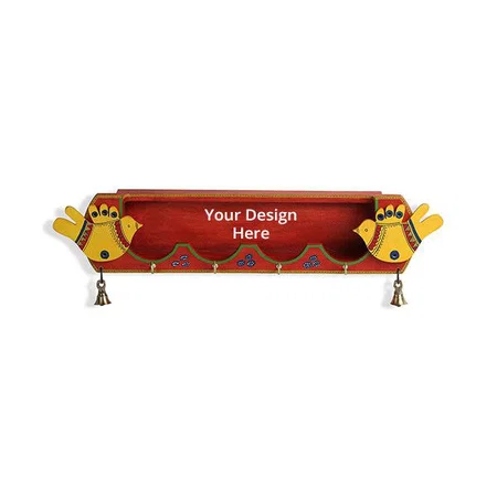 Multi-Color Customized Pine Wood 'Chirping Birds' Home Decorative 4 Hooks Keychain Holder Key Hangers Key Stand &amp; Wooden Wall Hanging Key Holder with Shelf for Wall