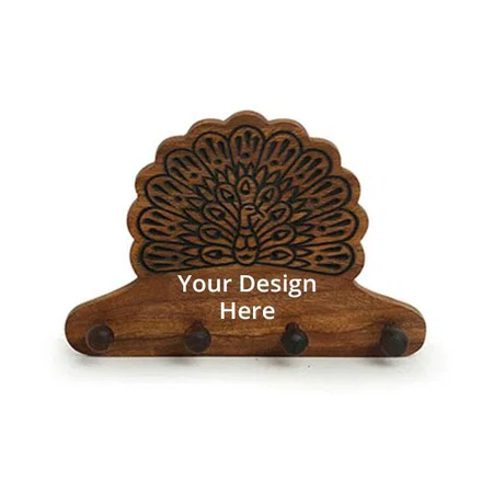 Brown Customized Hand Carved Keychain Holder for Home Decor in Sheesham Wood (4 Hooks)