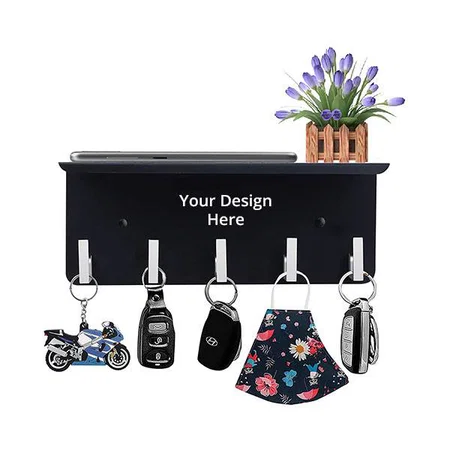 Black Customized Stainless Steel Multipurpose Mobile Phone Stand/Storage Rack/Shelf with 5 Key Hooks/Holder - Wall Mount