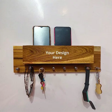 Brown Customized Modern Teakwood make Decorative Wall Mounted Entry Way Organiser with Key Chain Holder &amp; Mobile Charging Stand