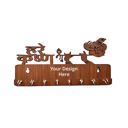 Brown Customized Hare Krishna Key Holder For Home Wall Wooden Key Hanger Decorative Key Organizer Handcrafted Key Holders Key Chain Hanger For Wall Decoration Key Stand Lord Shree Krishna Flute 8 Hooks