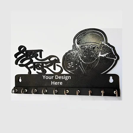 Black Customized Saburi Wall Key Holder Sai Baba Keys Hanger Wooden Key Chain Stand For Home Decor Items Stylish Wall Mounted Key Rack Keychain Hanger For Office Decoration Black Color 10 Hooks