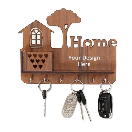 Brown Customized Crafts MDF Wooden Key Holder for Home, Wooden Key Stand for Wall - Key Hanger with 6 Hooks