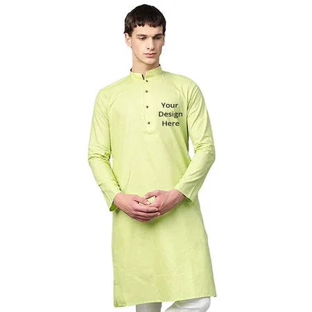 Green Customized Knee Long Full Sleeves Casual Wear Cotton Kurta for Men