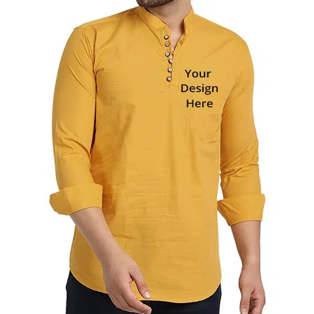 Mustard Customized Men Cotton Solid Casual Short Kurta
